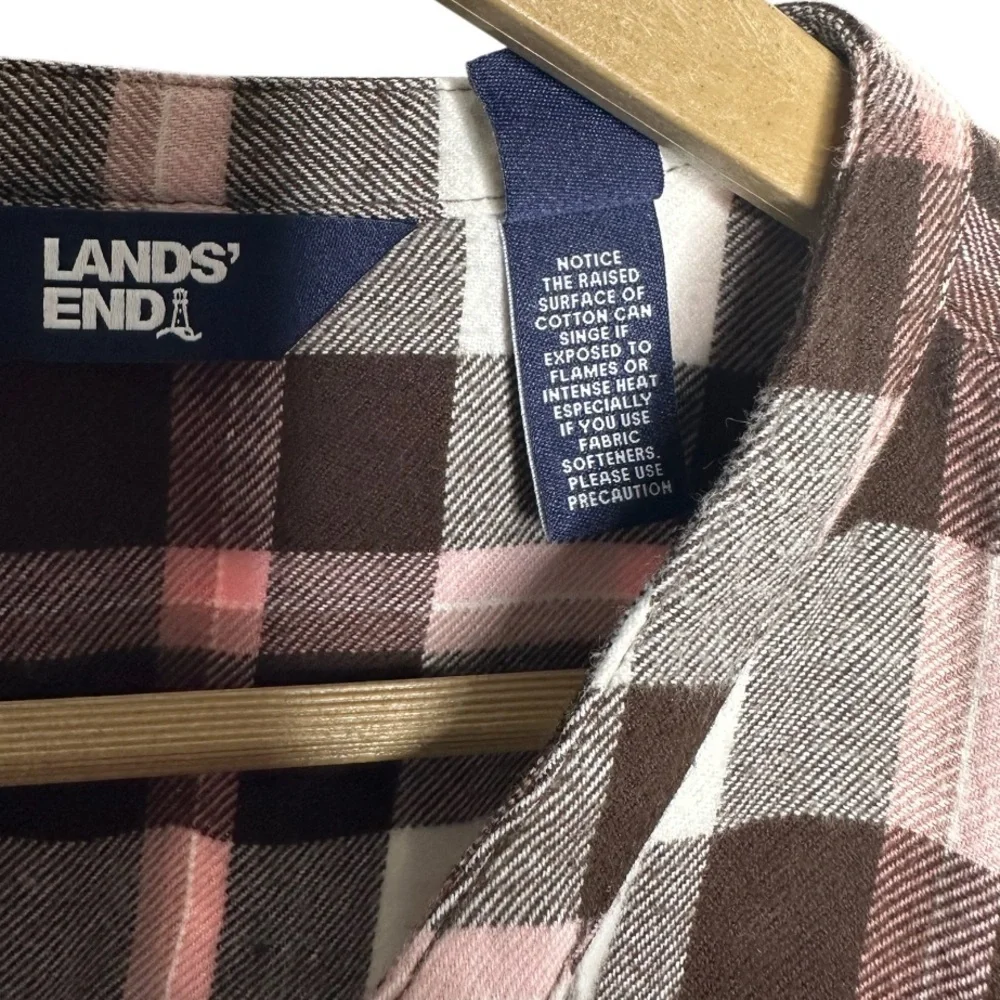 Lands' End Plaid Flannel Blouse | Brown Pink Ivory | Cotton | Medium